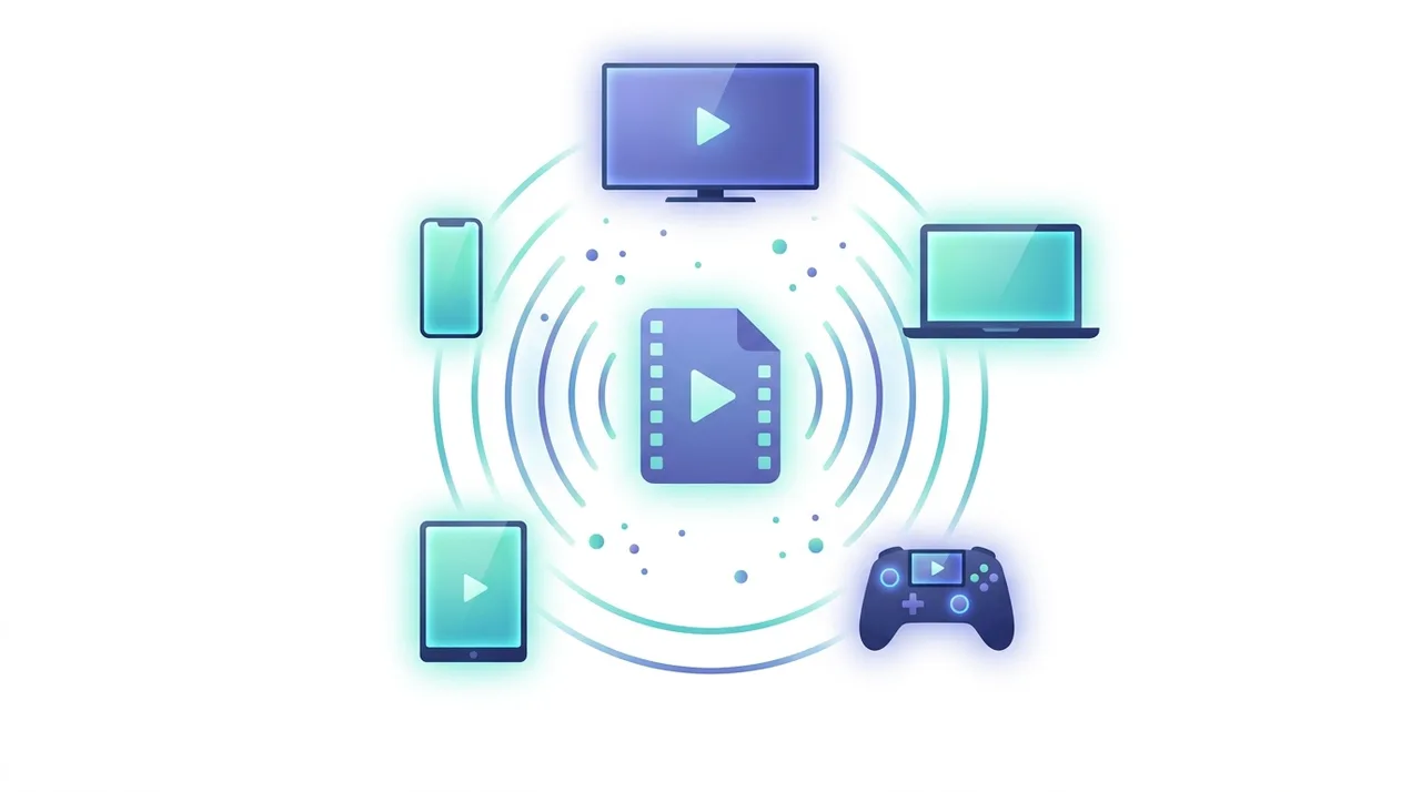 Konzeptionelle Illustration einer MP4-Datei, die auf Smartphone, Tablet, Smart-TV, Laptop und Spielekonsole abgespielt wird