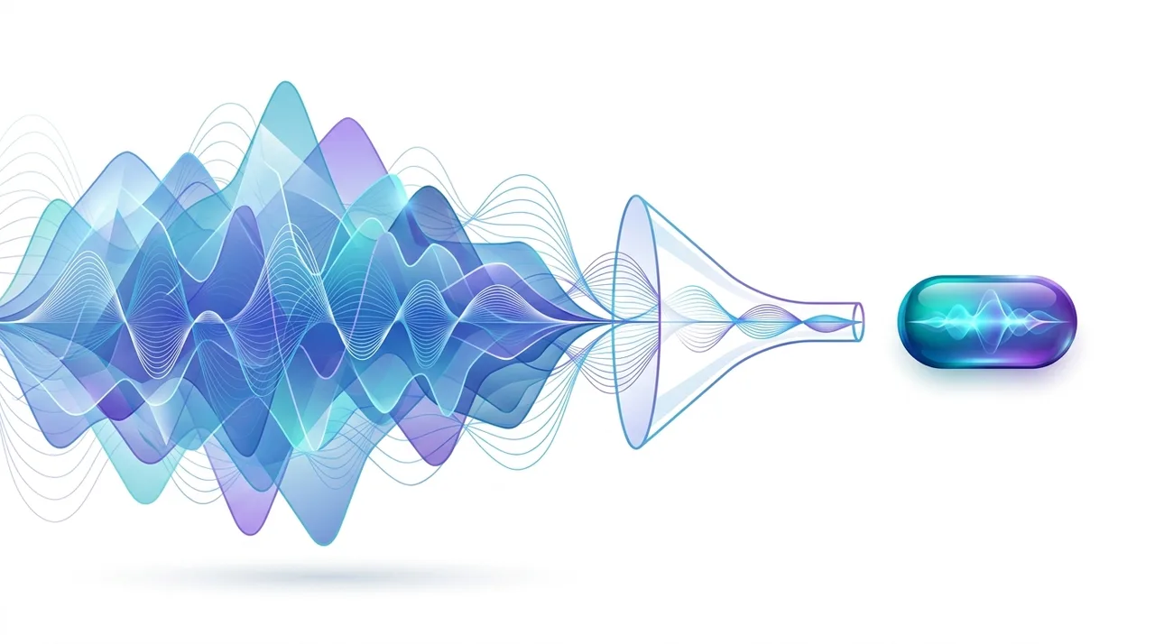Konzeptionelle Illustration eines großen verlustfreien FLAC-Audioblocks, der zu einer kleinen MP3-Kapsel komprimiert wird
