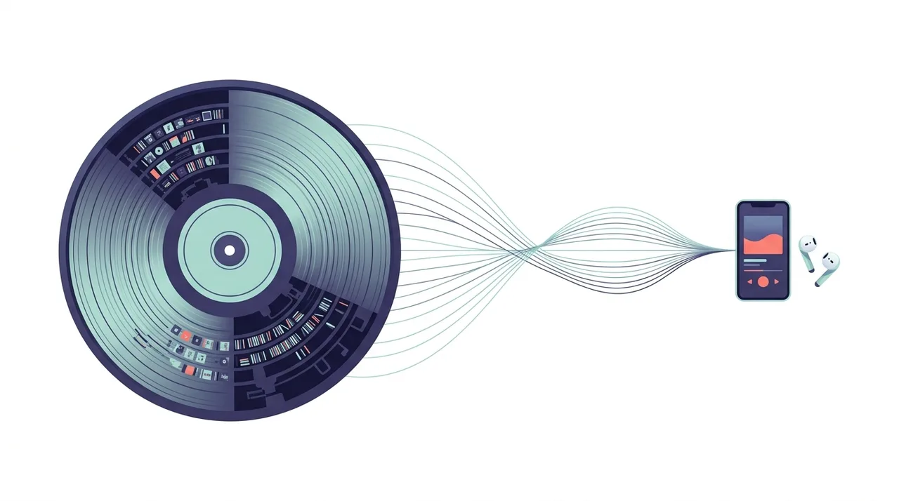 Konzeptionelle Illustration einer großen Musikbibliothek, die auf ein Smartphone und kabellose Ohrhörer übertragen wird