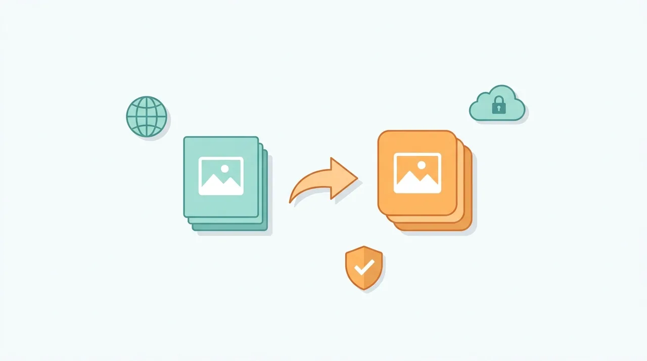 Comparación conceptual de un archivo HEIC compacto y un archivo JPG más grande unidos por una flecha de conversión con iconos de globo y privacidad