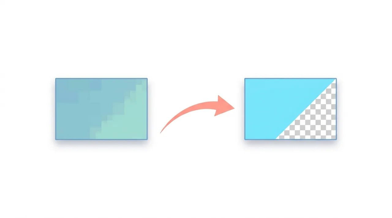 Diagramm eines komprimierten JPG-Fotos, das in ein verlustfreies PNG mit Transparenz-Schachbrettmuster umgewandelt wird