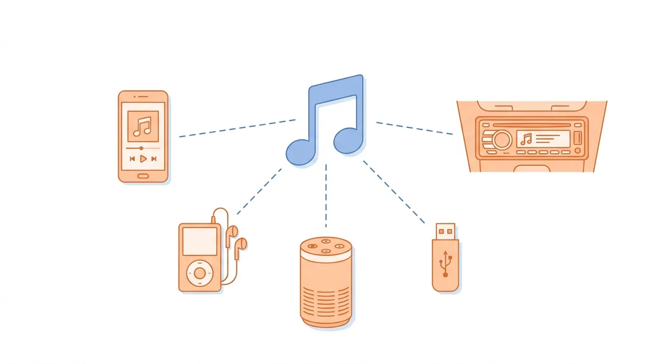 Eine Audiodatei, die auf Smartphone, Autoanlage, Mediaplayer, Lautsprecher und USB-Stick abspielt