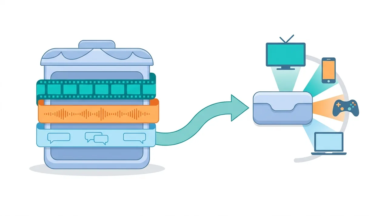 Diagramm eines MKV-Containers mit mehreren Spurschichten, der in eine kompakte MP4-Datei umgewandelt wird, die auf vielen Geräten läuft