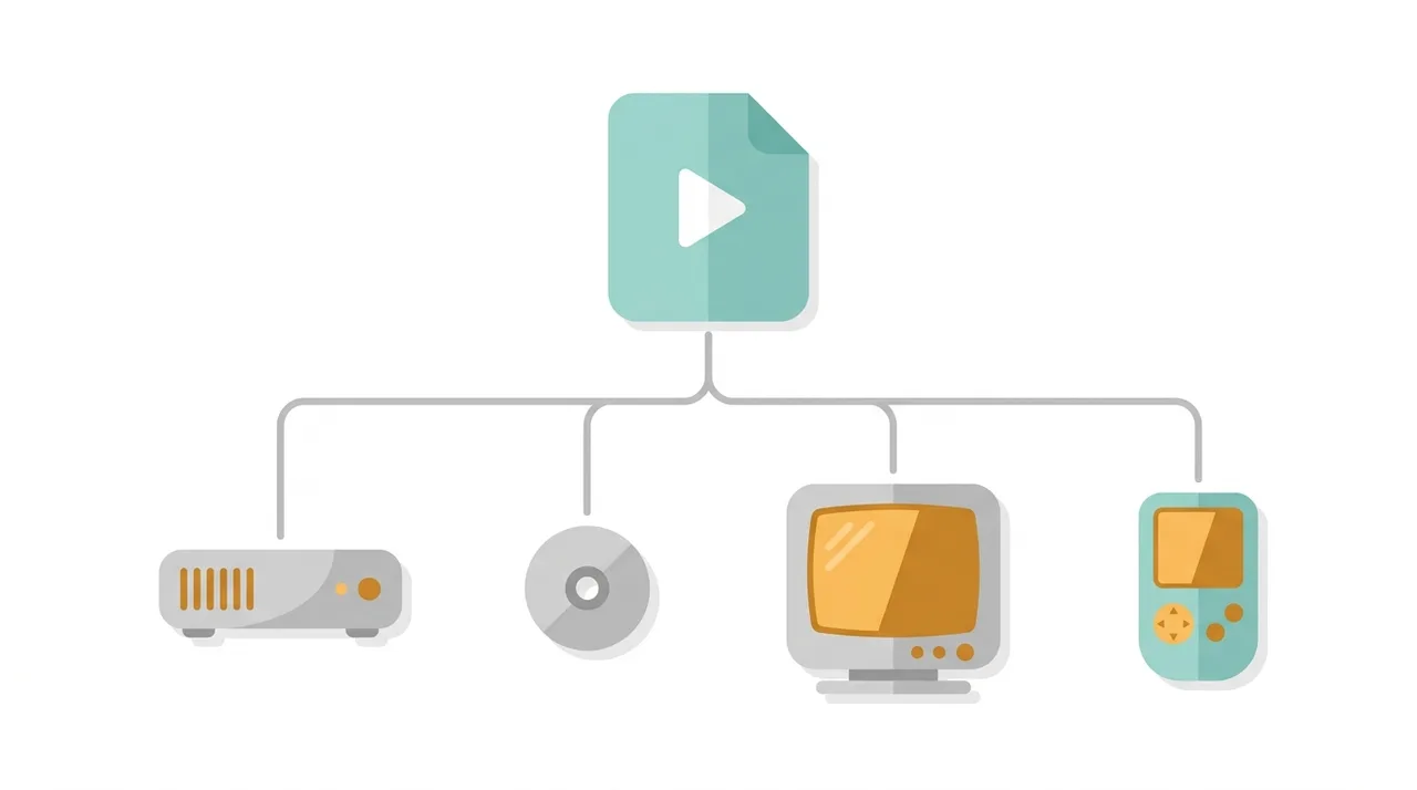 Konzeptionelle Illustration einer Videodatei, die mehrere alte Wiedergabegeräte speist