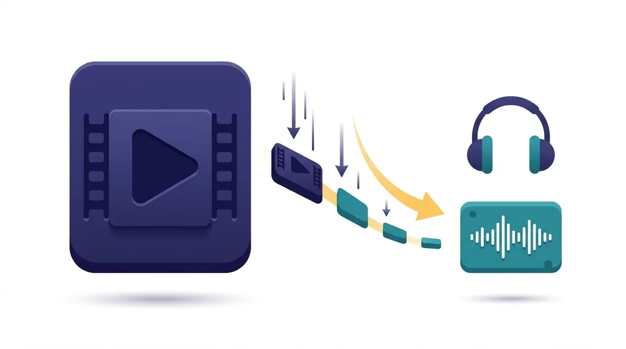 Konzeptionelle Illustration einer großen Videodatei, die zu einer kleinen portablen Audiodatei schrumpft