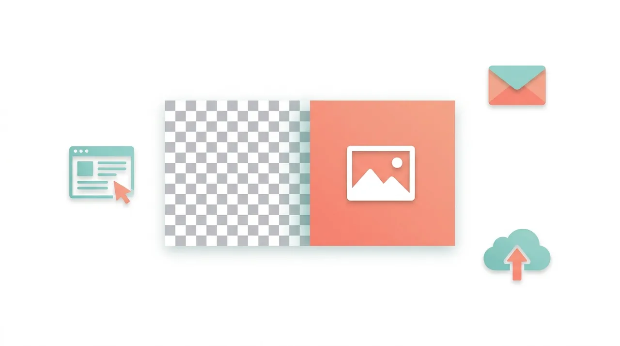 Konzeptionelle Illustration eines transparenten PNG-Hintergrunds, der für Web, E-Mail und Uploads zu einem soliden JPG gefüllt wird