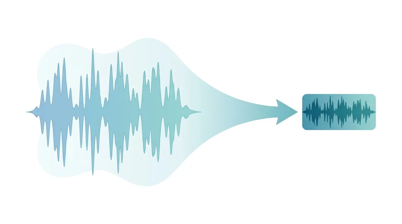 Diagramm einer großen WAV-Wellenform, die in eine viel kleinere MP3-Datei komprimiert wird