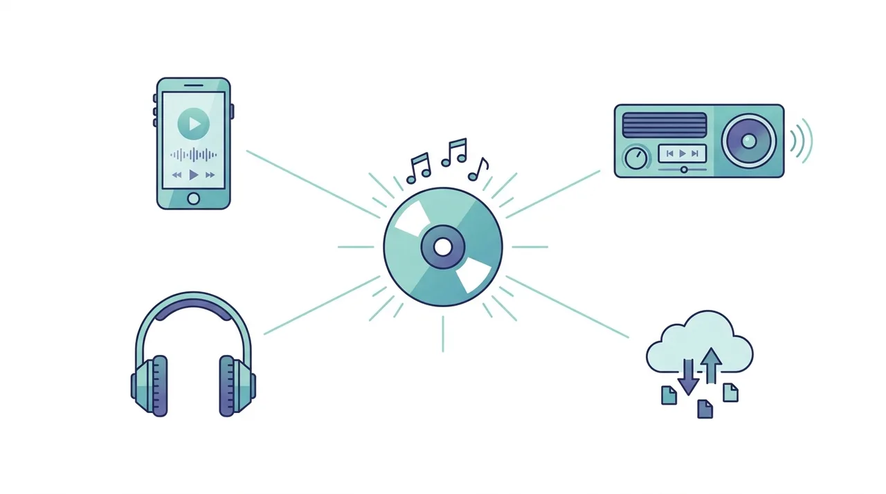 Eine MP3-Audiodatei, die auf Handy, Kopfhörern, Autoradio und Streaming-Cloud abgespielt wird