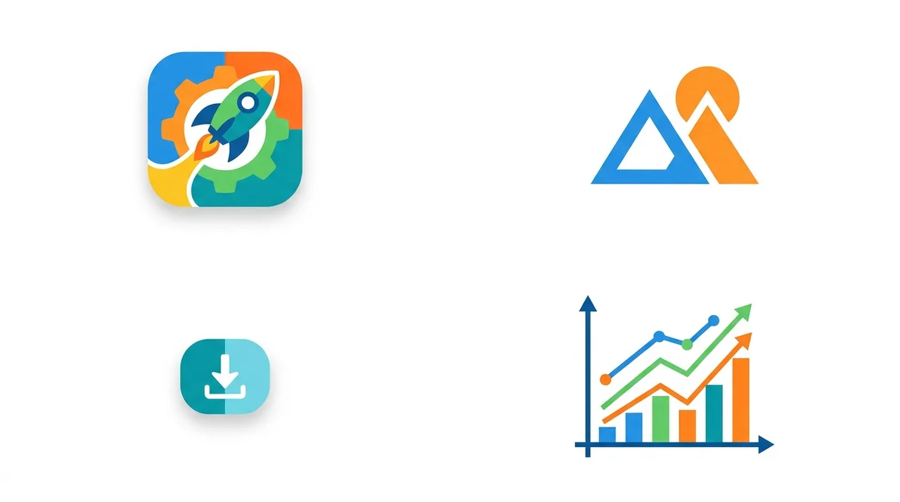 Vier Beispiele für Grafiken, die PNG am besten handhabt: ein farbiges App-Symbol, ein geometrisches Logo, eine UI-Schaltfläche und ein Diagramm, alle mit scharfen Kanten und flächigen Farben