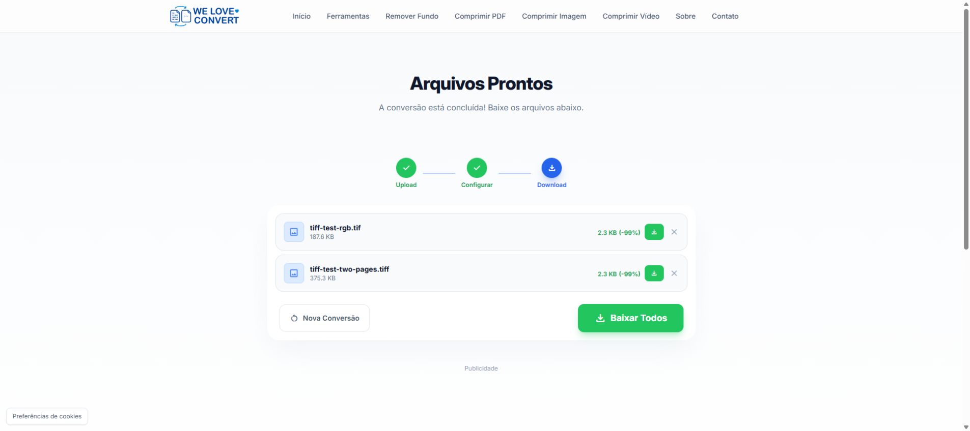 WeLoveConvert result screen with two TIFF inputs and two PNG download links