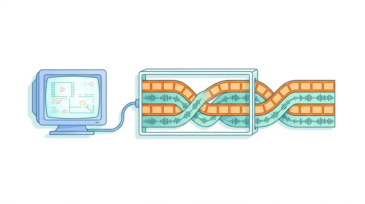 Diagrama conceitual do container AVI intercalando quadros de vídeo e uma onda de áudio em um único arquivo