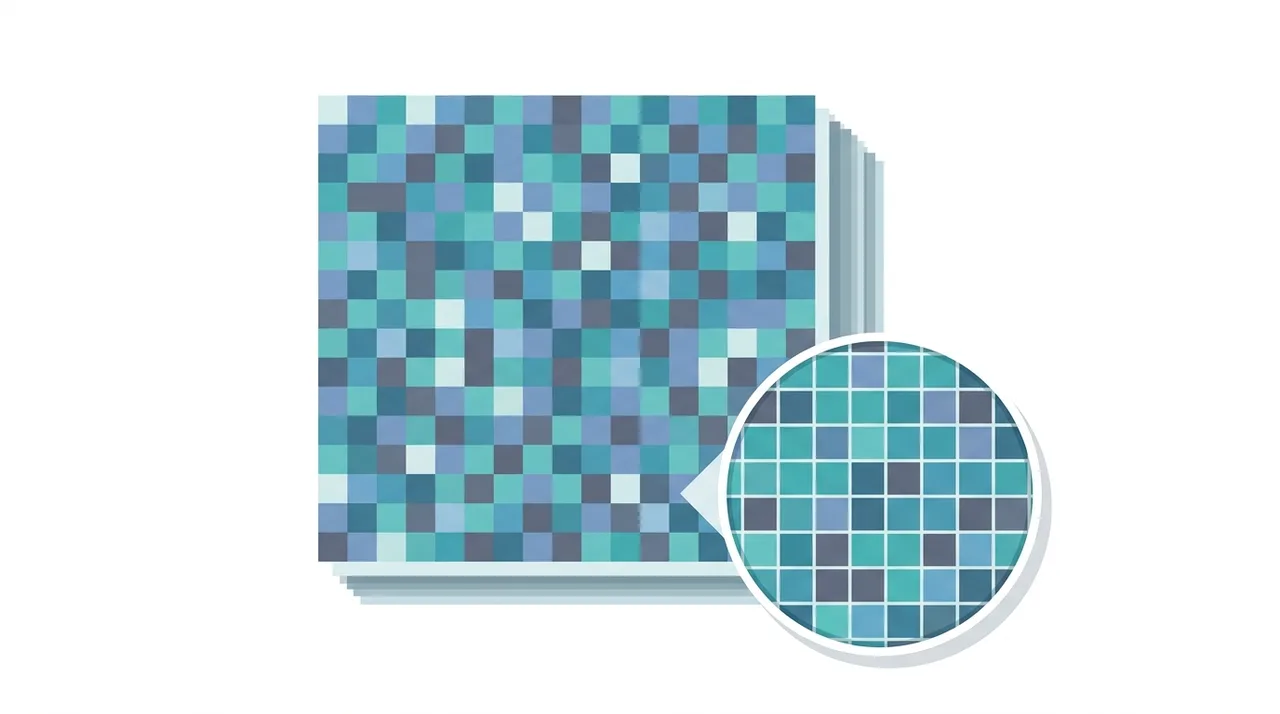 Konzeptionelle Darstellung eines BMP-Bildes, gespeichert als vergrößertes Raster einzelner farbiger Pixel mit schweren gestapelten unkomprimierten Datenschichten