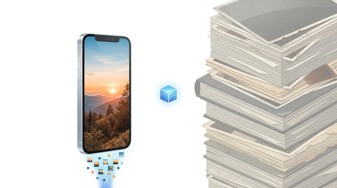 Ilustración conceptual de una foto del iPhone comprimiéndose en un pequeño cubo de datos junto a un archivo JPG mucho más grande