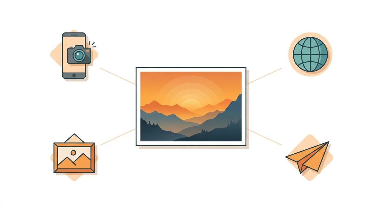 Illustration von JPG-Anwendungsfällen mit einem Landschaftsfoto mit Farbverlauf, umgeben von Kamera-, Web-, E-Mail- und Galerie-Symbolen