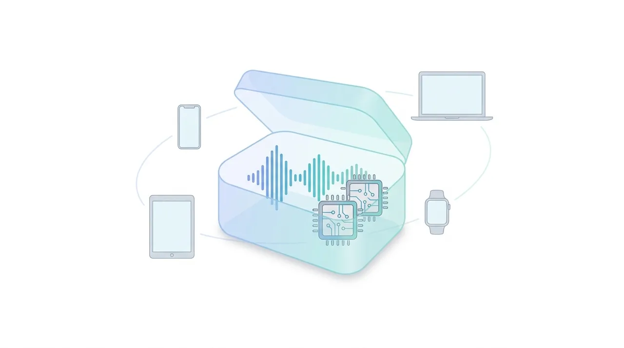 Konzeptionelle Illustration eines MPEG-4-Containers mit den Audiocodecs AAC und ALAC, umgeben von Apple-Geräten