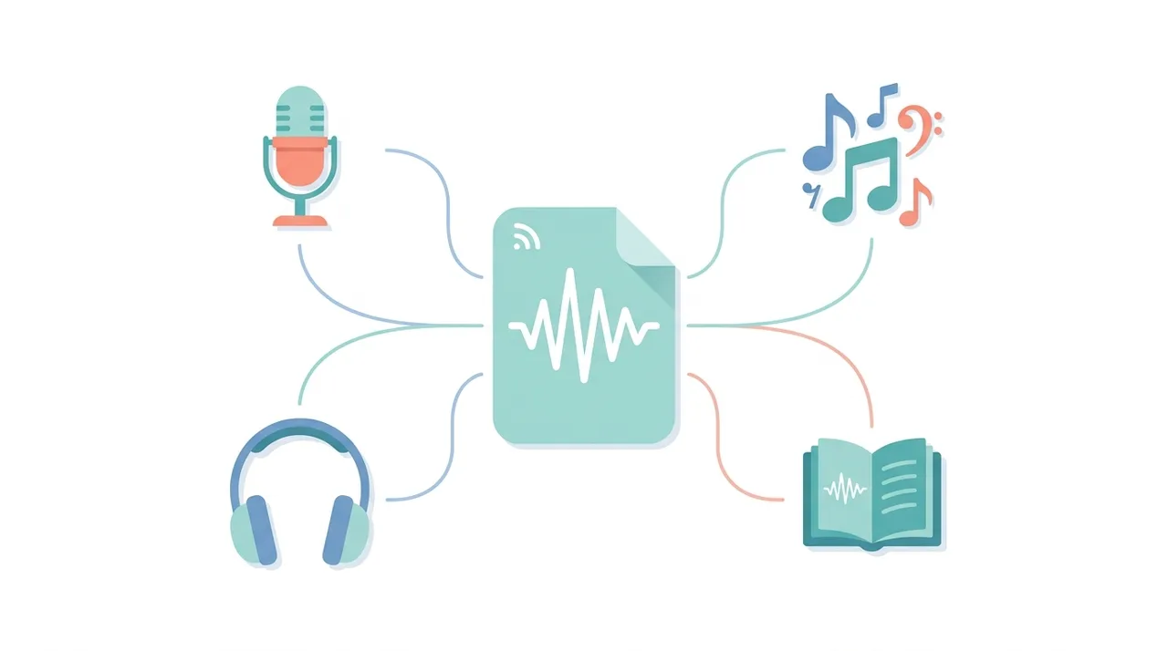 Konzeptionelle Illustration von M4A-Anwendungsfällen einschließlich Podcasts, Musik und Hörbüchern