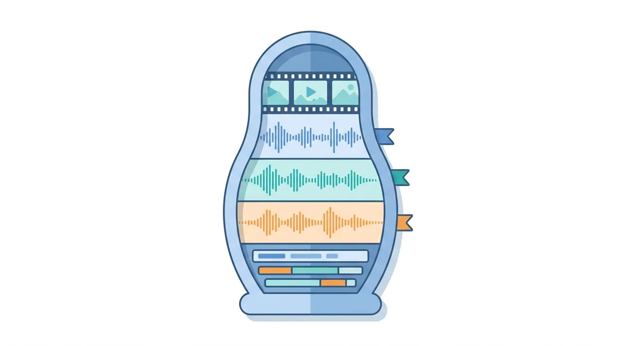 Conceptual illustration of an MKV container shaped like a nesting doll holding multiple video, audio, and subtitle track layers