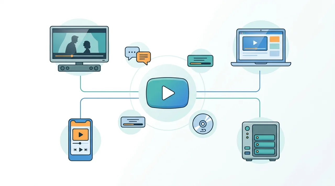 Conceptual illustration of an MKV file connected to a smart TV, laptop, phone, and home media server