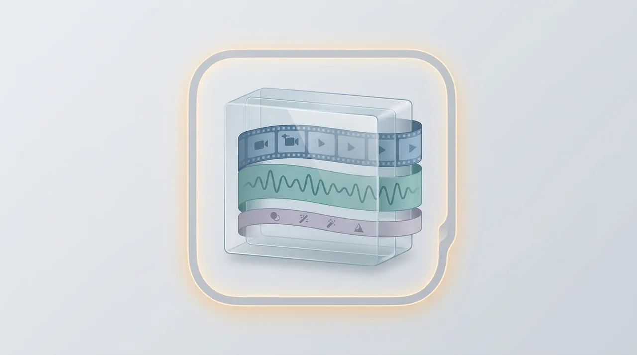 Konzeptionelle Illustration des MOV-Containers mit gestapelten Video-, Audio- und Effektspuren in einem Apple-artigen Rahmen