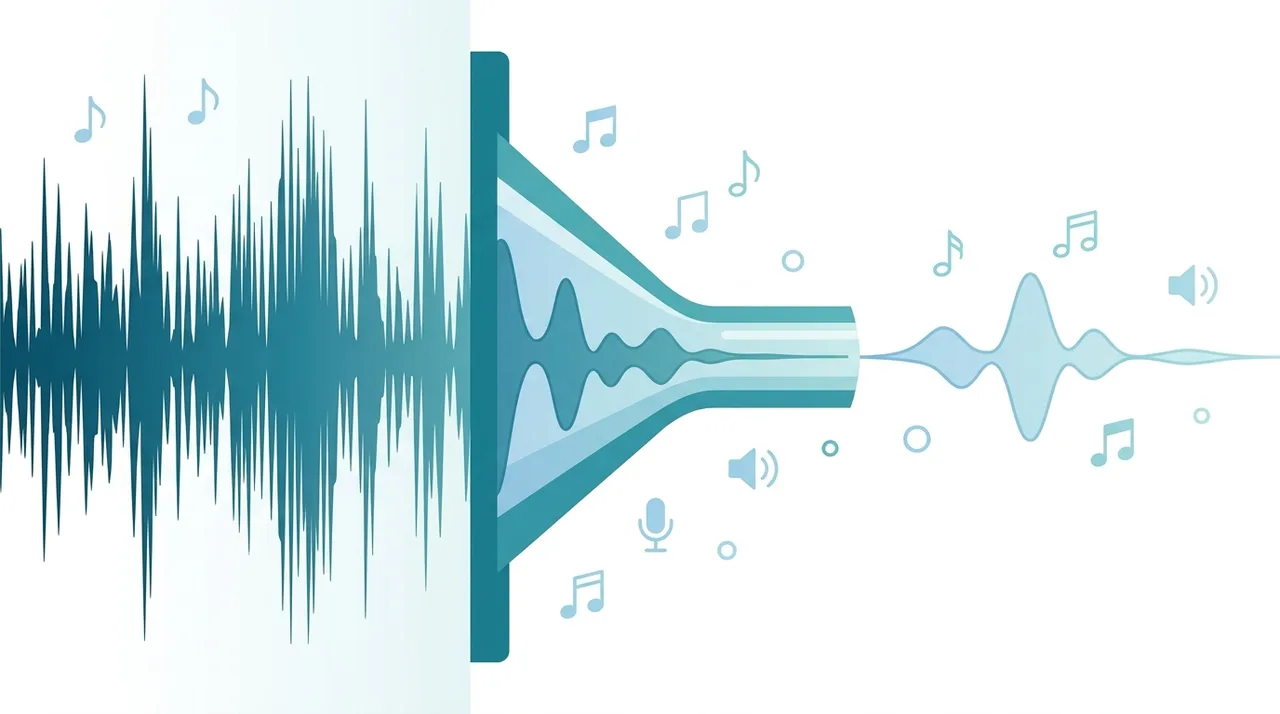 Diagramm, das eine große Audio-Wellenform zeigt, die durch einen Trichter in eine kleinere Welle komprimiert wird und die verlustbehaftete MP3-Komprimierung veranschaulicht