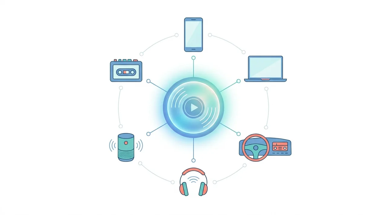 Zentrales Audio-Disc-Symbol, verbunden mit einem Ring aus Geräten wie Smartphone, Laptop, Autoradio und Kopfhörern