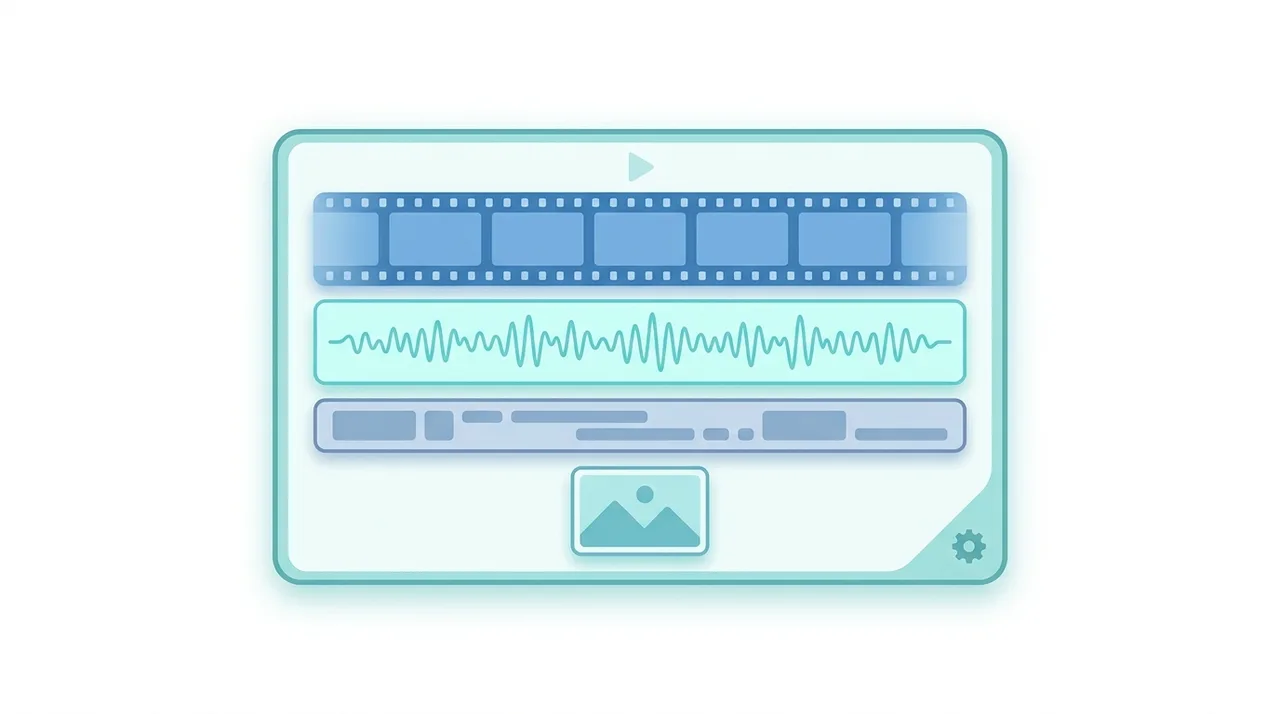 Diagramm eines MP4-Containers, der separate Video-, Audio-, Untertitel- und Bildebenen in einer Datei bündelt