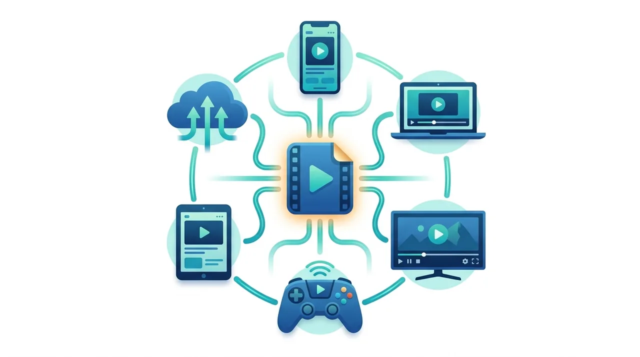 Eine MP4-Videodatei verbunden mit Smartphone, Laptop, Smart-TV, Tablet und Spielkonsole
