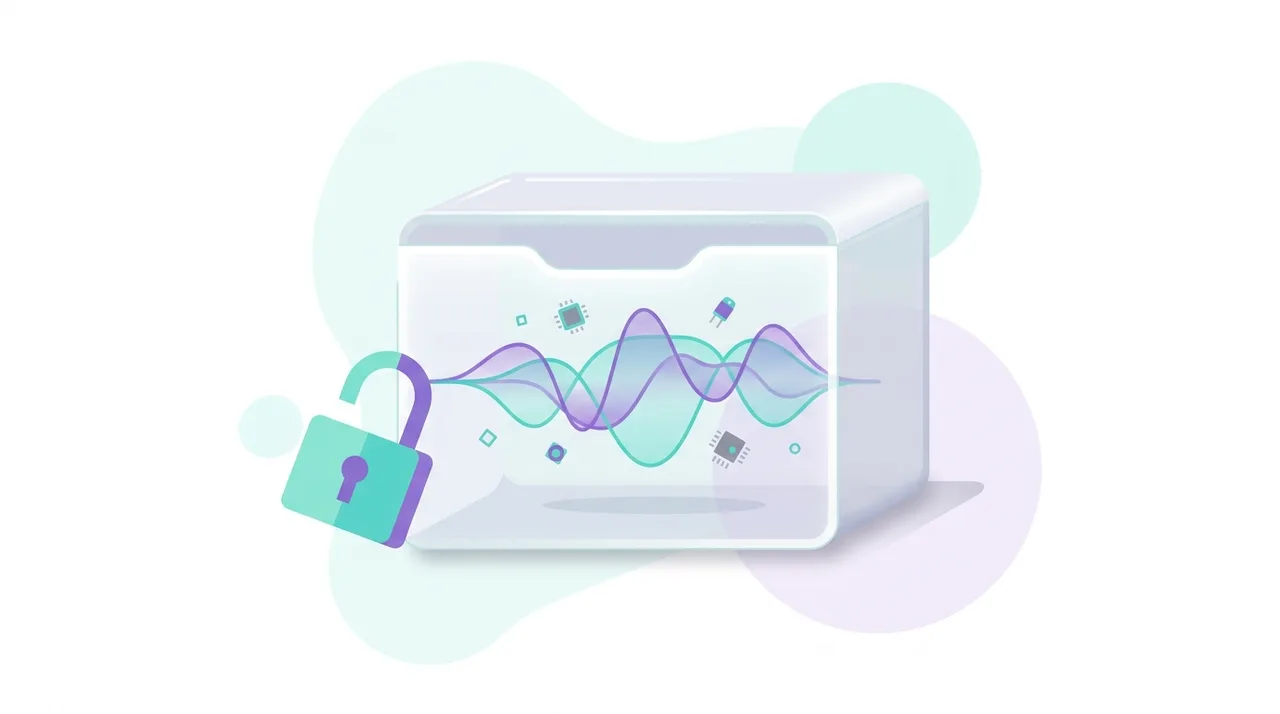 Konzeptionelle Illustration des Open-Source-OGG-Containers mit Audio-Wellenformen und einem offenen Vorhängeschloss als Symbol für patentfreie Lizenzierung