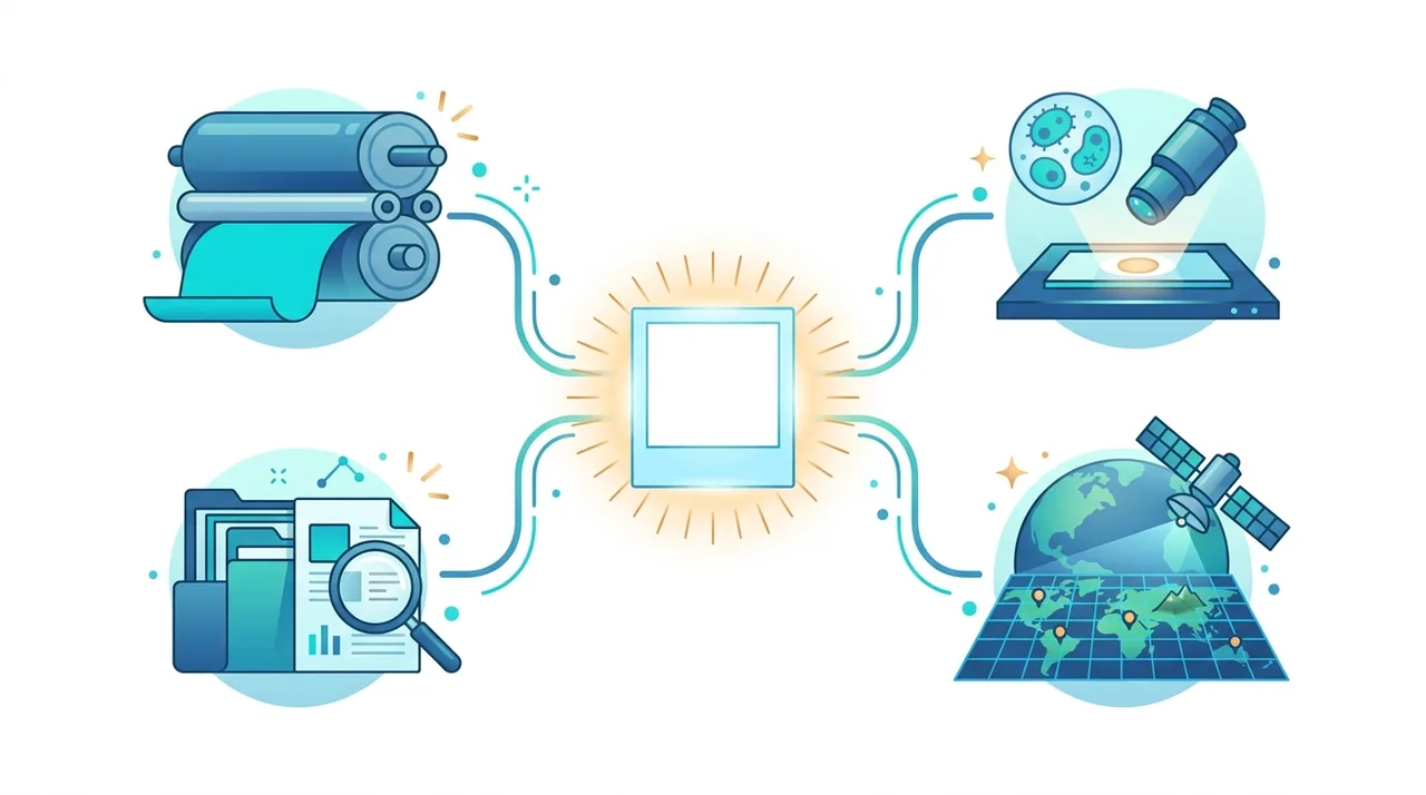 Illustration von TIFF-Anwendungen: Druck, Mikroskopie, Dokumentenarchive und Satellitenkartierung