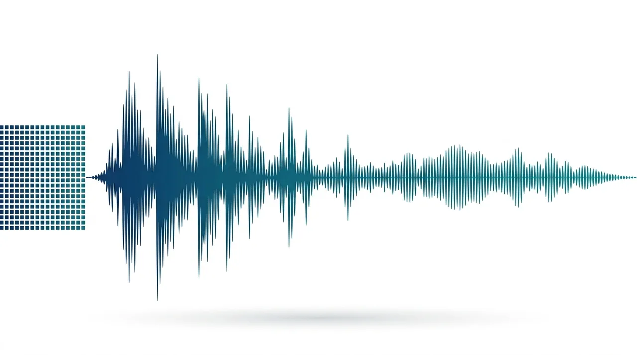 Konzeptionelle Illustration einer unkomprimierten WAV-Wellenform, aufgebaut aus rohen Audiodatenblöcken