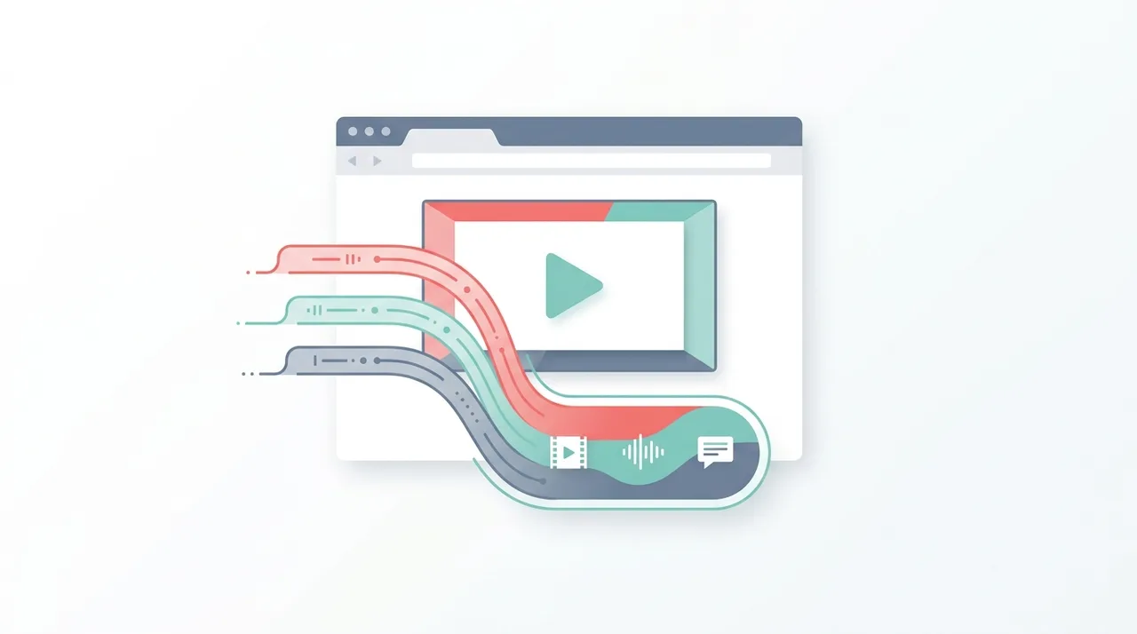 Diagrama conceptual de un archivo WebM que muestra flujos de vídeo, audio y subtítulos uniéndose en un contenedor de vídeo web abierto dentro de una ventana del navegador