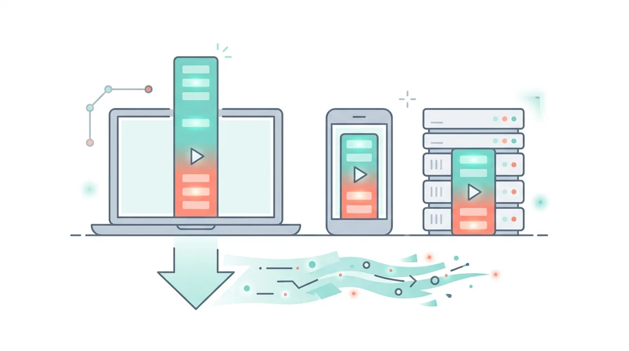 Ilustración conceptual que compara la eficiencia de archivos de vídeo entre un portátil, un teléfono y un servidor con menor tamaño y streaming más rápido