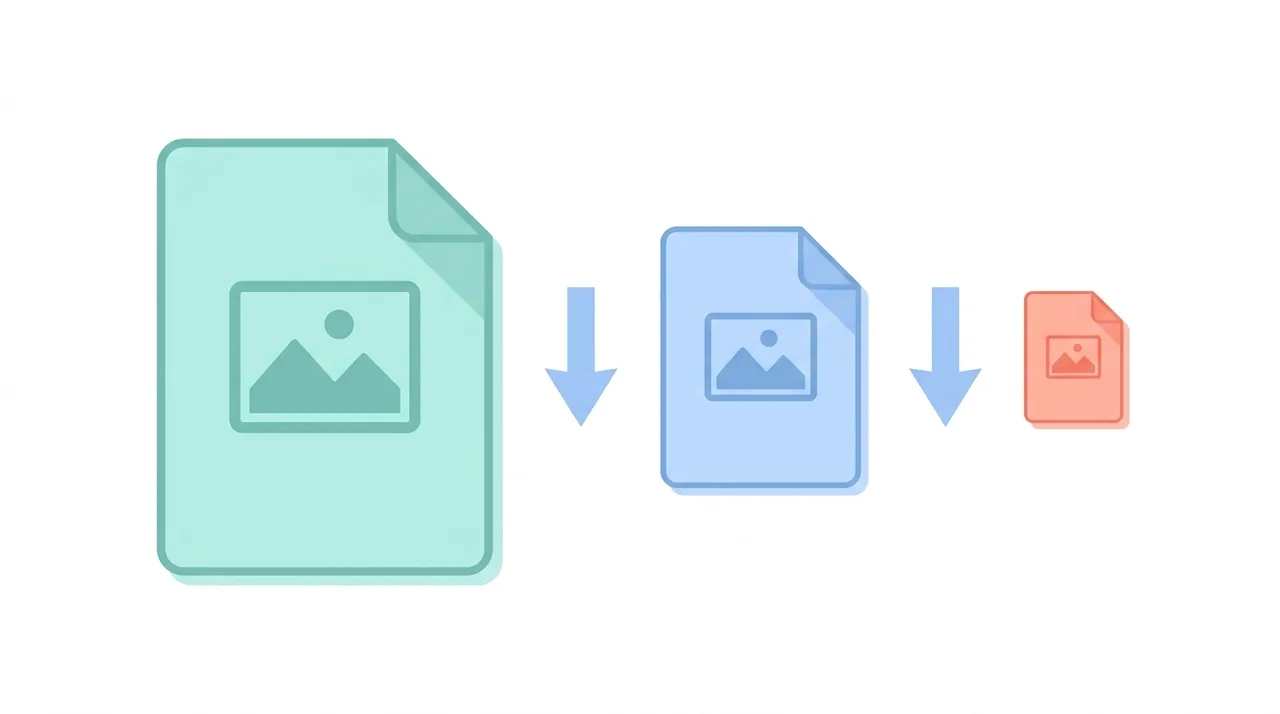 Diagramm, das eine große Bilddatei zeigt, die zu einer kleineren WebP-Datei schrumpft und dabei die gleiche Qualität behält
