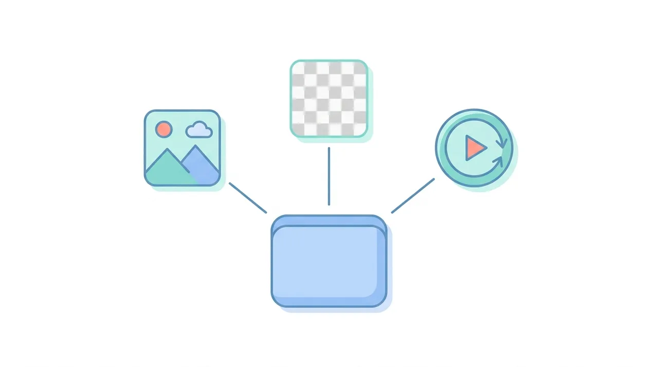 Illustration eines einzelnen WebP-Containers, der Foto, Transparenz und Animation vereint